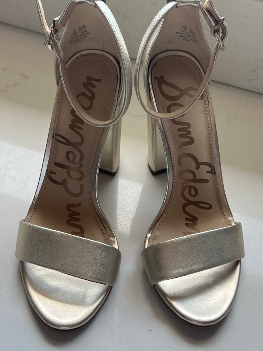 Sam Edelman Gold round toe chunky heel sandal with ankle and toe strap